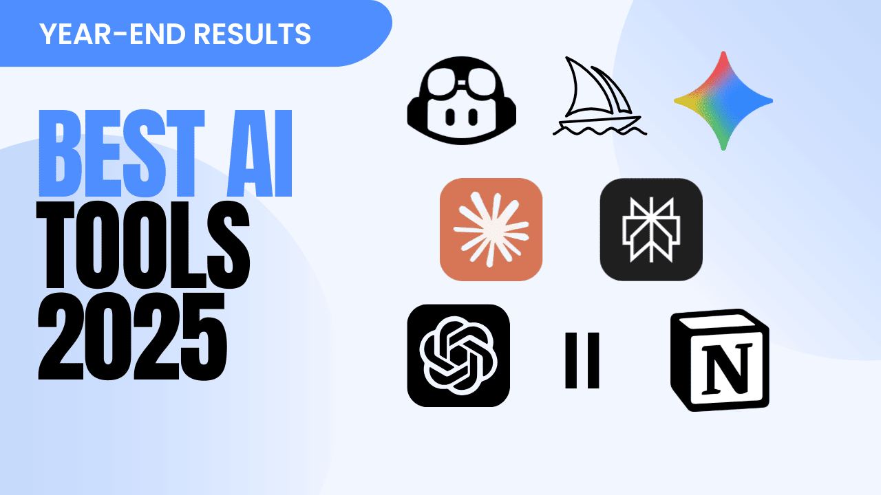 Comparison of best AI tools in 2025 including ChatGPT, Claude, Midjourney, Gemini, Perplexity, GitHub Copilot, and ElevenLabs with logos and feature highlights