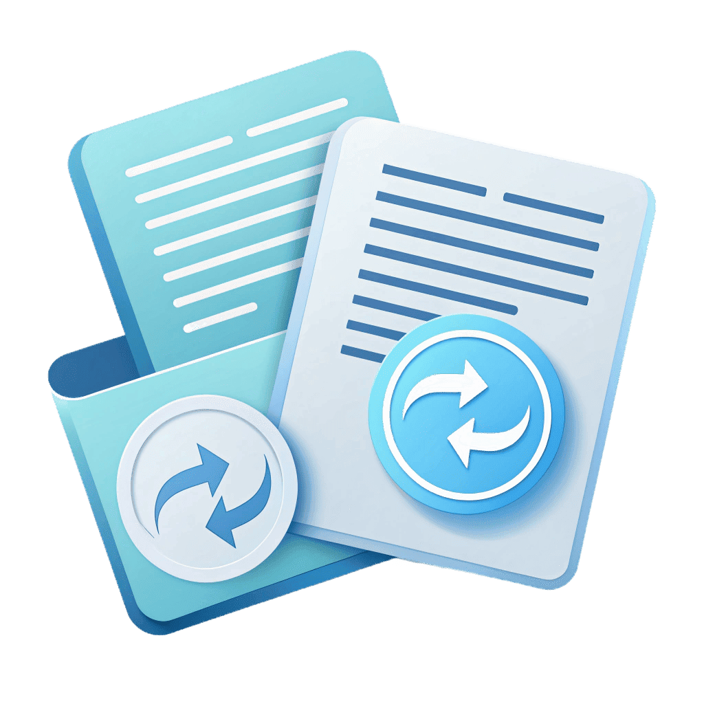 Paraphrasing tools icon - two documents with arrows showing text transformation and rewriting