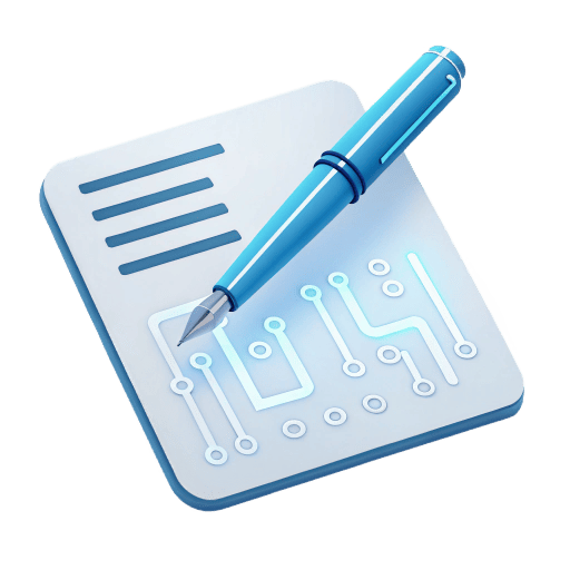 AI writing tools icon - pen with circuit patterns over document symbolizing intelligent text generation