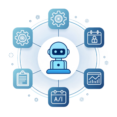 Business automation chatbot icon - robot with connected tools showing workflow automation and integration
